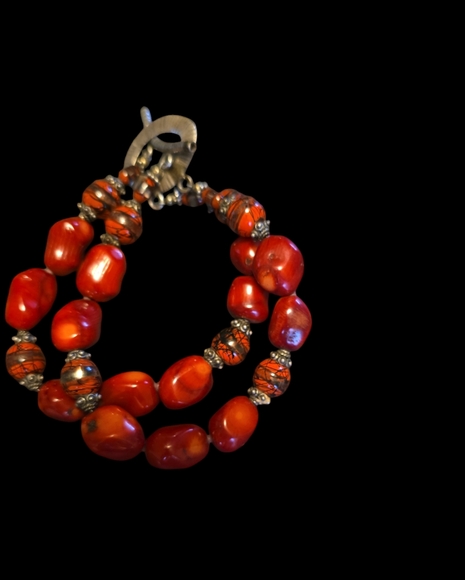 Red Coral and Marcasite Bead Bracelet - Sterling tone Silver Toggle Clasp - - Picture 1 of 7